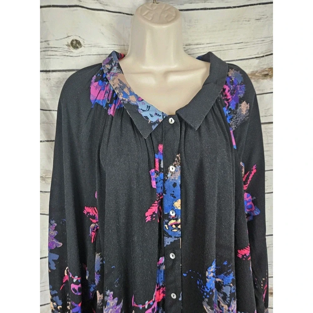 Free People Black Floral Butterflies Swing Tunic Top L Boho Whimsical Mini Dress